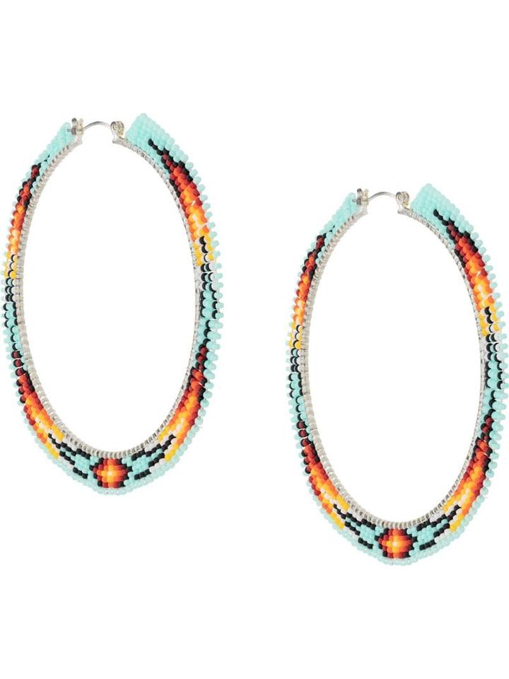 Jessie Western Large Flat Beaded Hoops - Blue