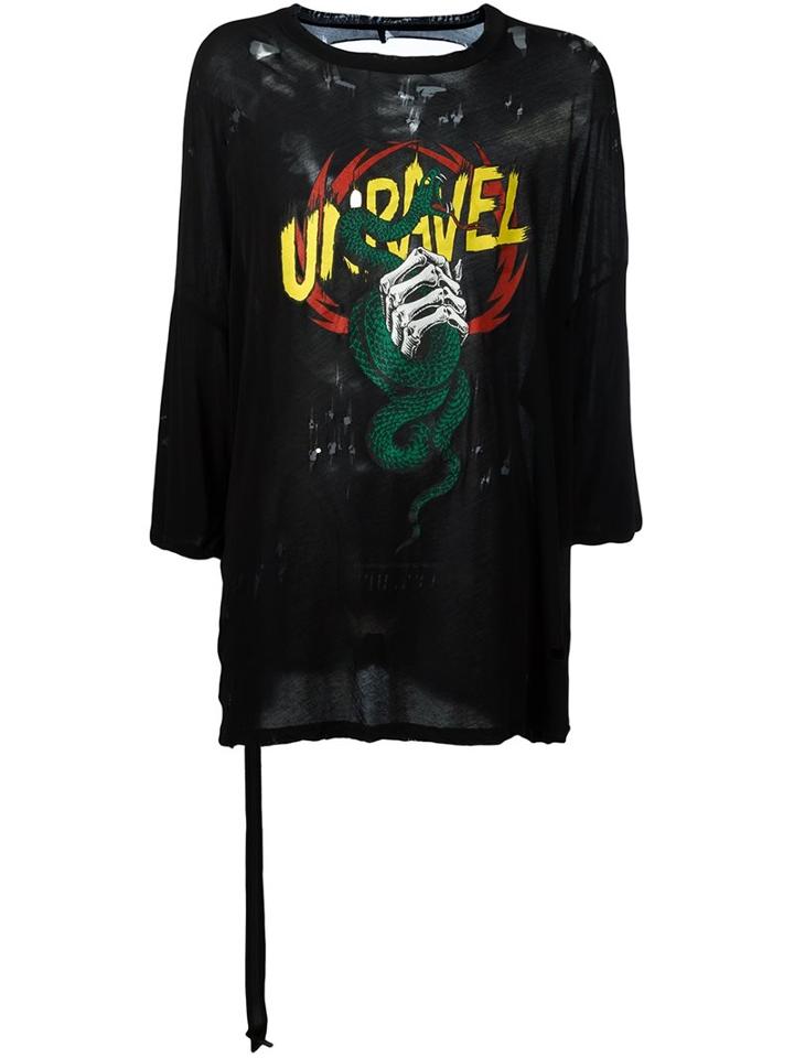 Unravel 'snake' Print Frayed T-shirt, Men's, Size: Xs, Black, Cotton