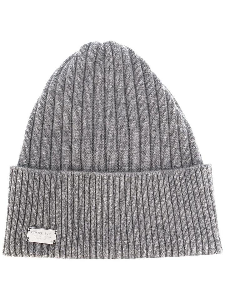 Philipp Plein Ribbed Knit Beanie, Men's, Grey, Cashmere