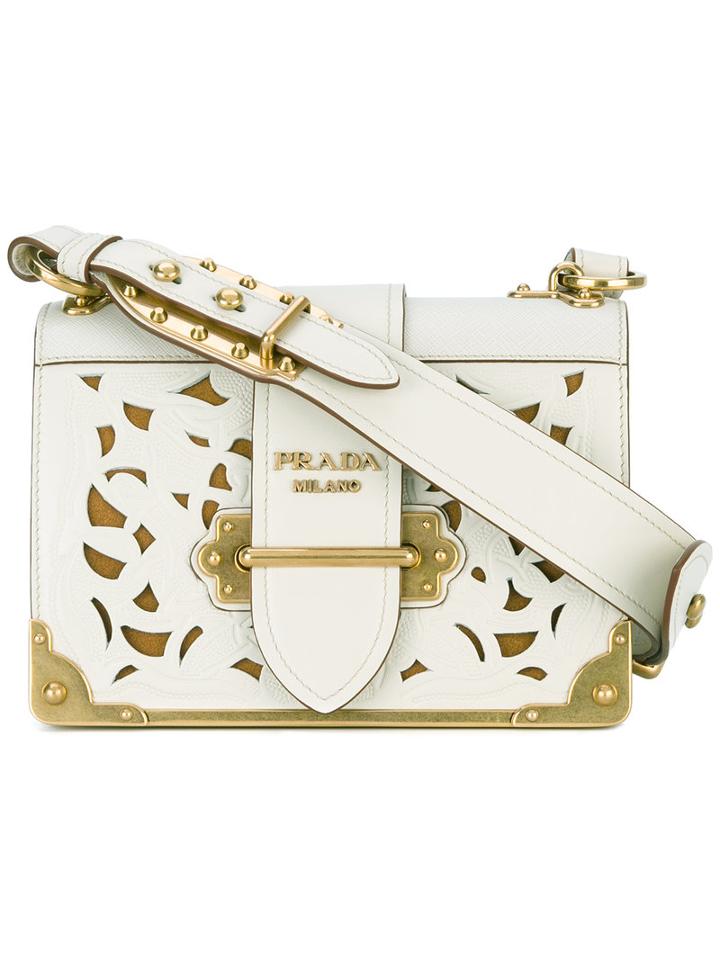 Prada Embossed Detailing Satchel, Women's, Nude/neutrals, Calf Leather
