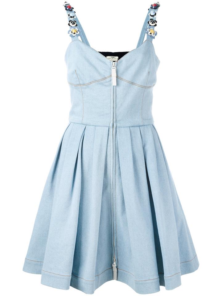 Fendi Flower Strappy Denim Dress, Women's, Size: 42, Blue, Cotton/plastic/polyester/brass
