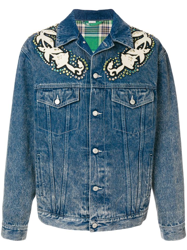 Gucci Gucci Logo Print Denim Jacket With Floral Appliqués - Blue