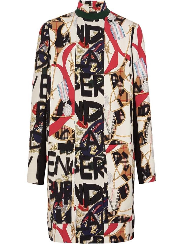 Burberry Graffiti Archive Scarf Print Silk Wool Shift Dress - White