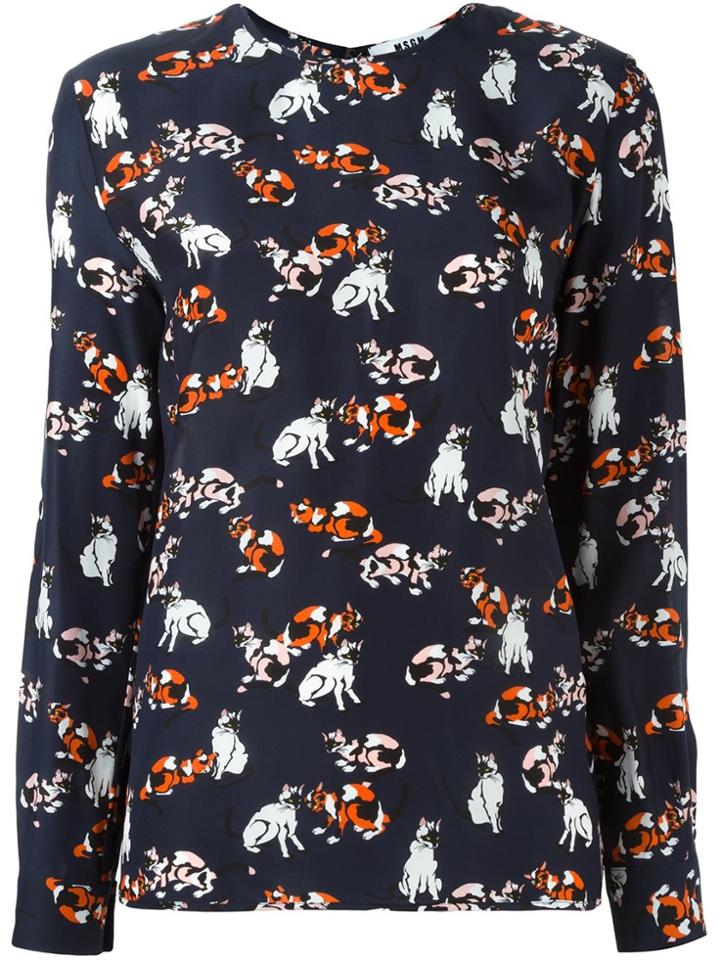 Msgm Cat Print Longsleeved T-shirt - Blue