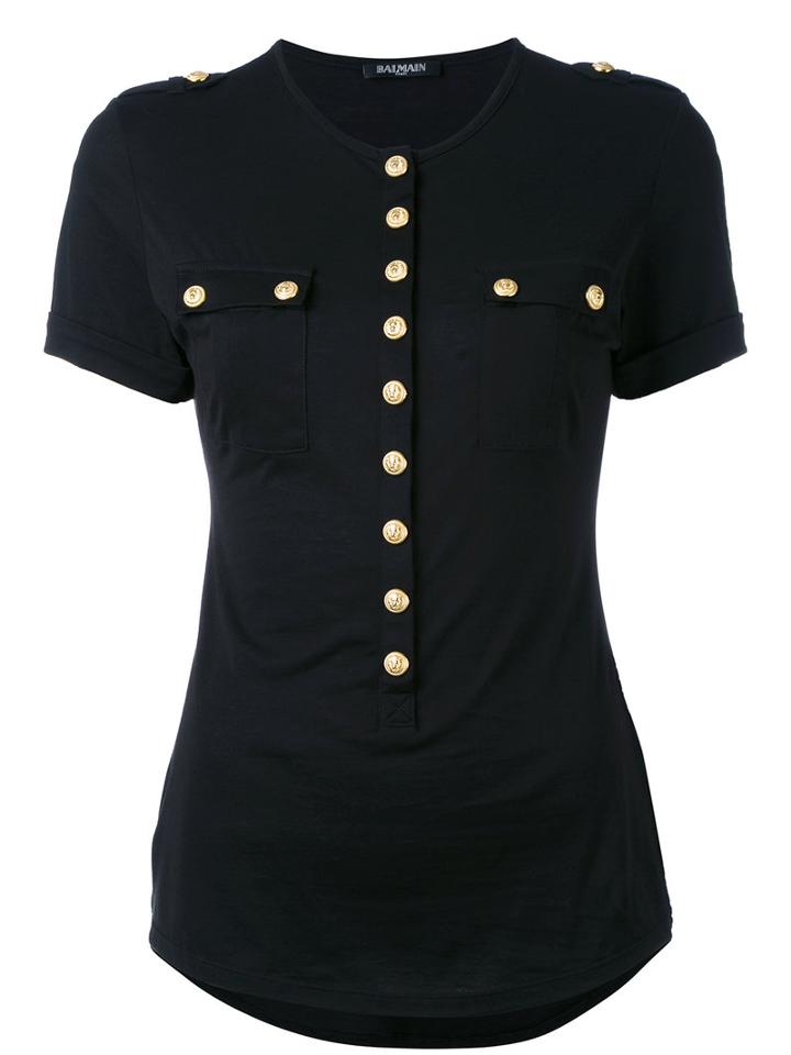 Balmain - Buttoned T-shirt - Women - Cotton - 36, Women's, Black, Cotton