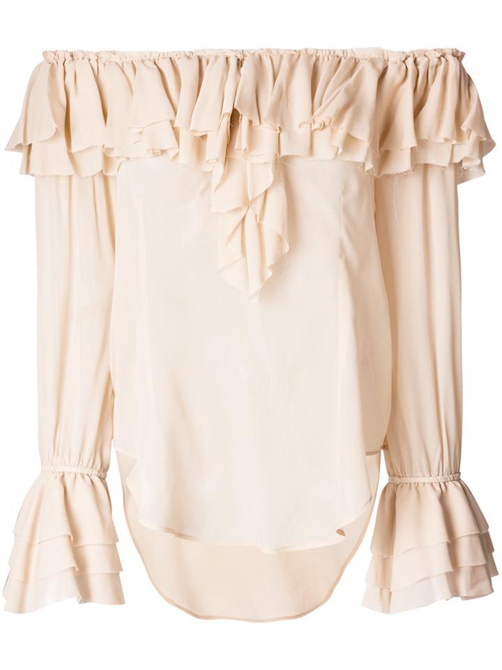 Twin-set Off Shoulder Ruffle Blouse - Nude & Neutrals