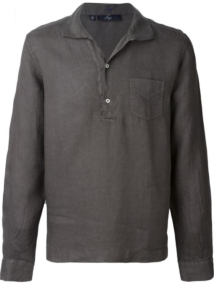 Fay Washed Long Sleeve Polo Shirt, Men's, Size: 40, Brown, Linen/flax
