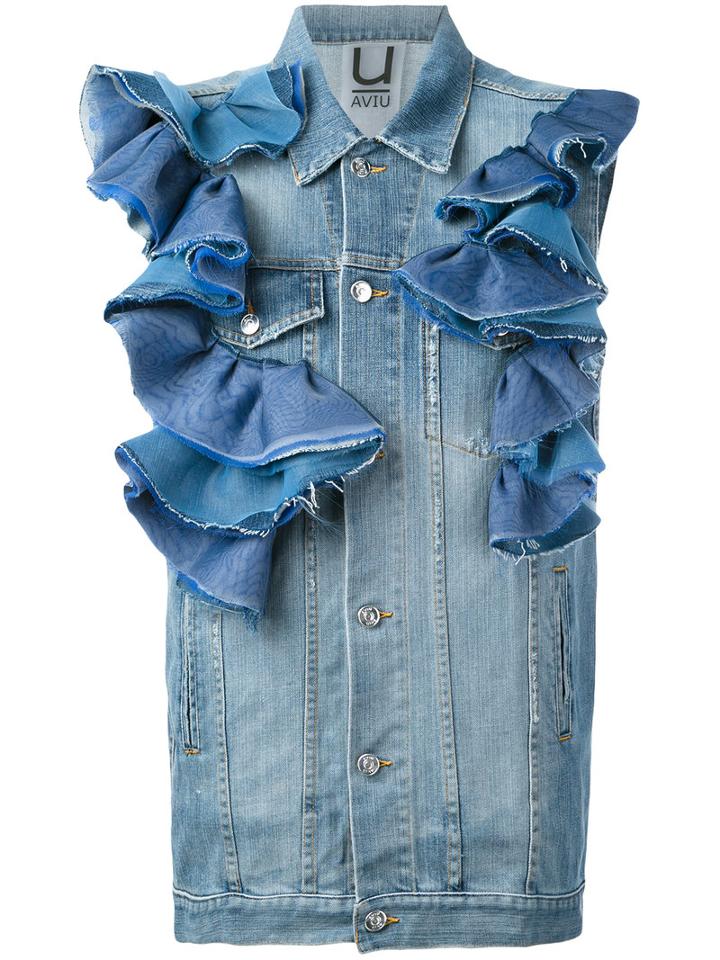 Aviù - Ruffled Denim Gilet - Women - Cotton/polyester/spandex/elastane/viscose - L, Blue, Cotton/polyester/spandex/elastane/viscose