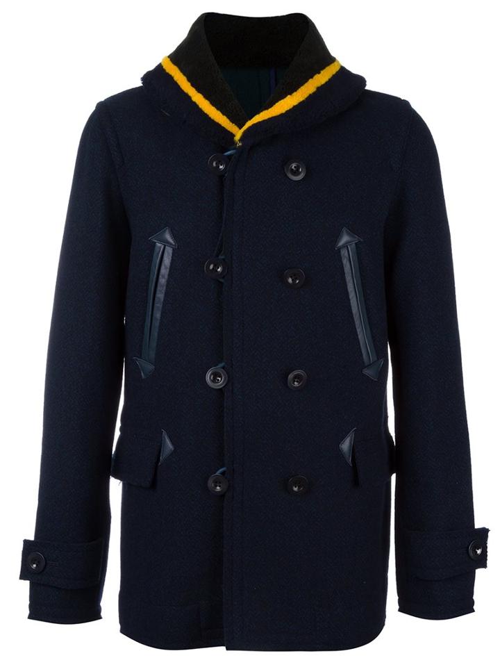 Sacai Fur Collar Peacoat, Men's, Size: 2, Blue, Sheep Skin/shearling/nylon/cupro/wool