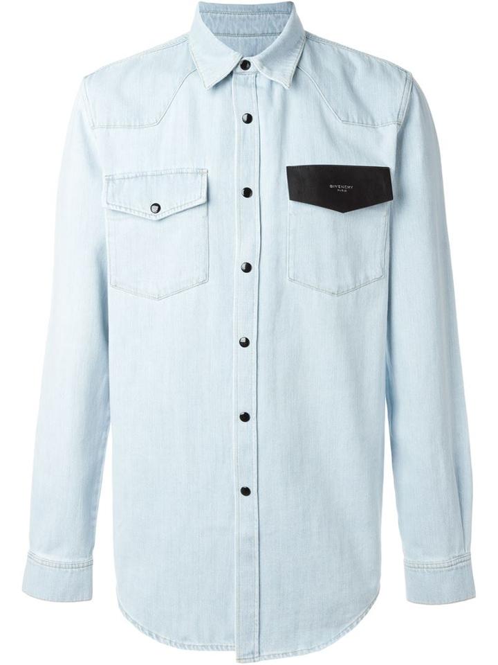Givenchy Logo Patch Shirt, Men's, Size: Small, Blue, Calf Leather/zamac/cotton