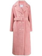 Stand Double-breasted Faux-shearling Coat - Pink