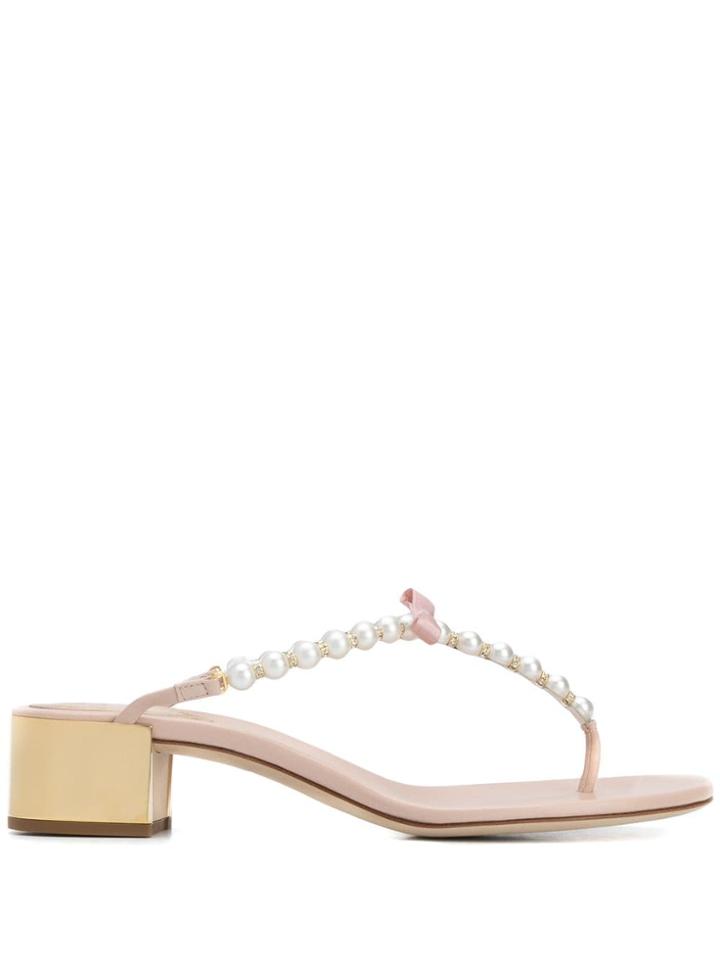 René Caovilla Embellished Pearl Bow Thong Sandals - Neutrals