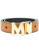 Mcm M Buckle Logo Print Belt - Brown