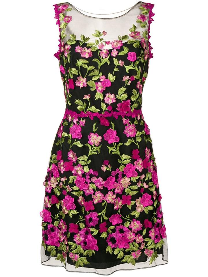 Marchesa Notte Floral Appliqués Fitted Dress - Black