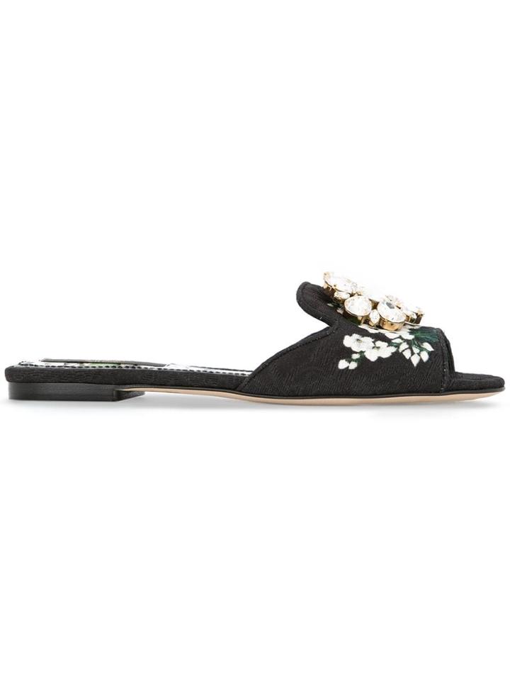 Dolce & Gabbana White Geranium Printed Slides - Black