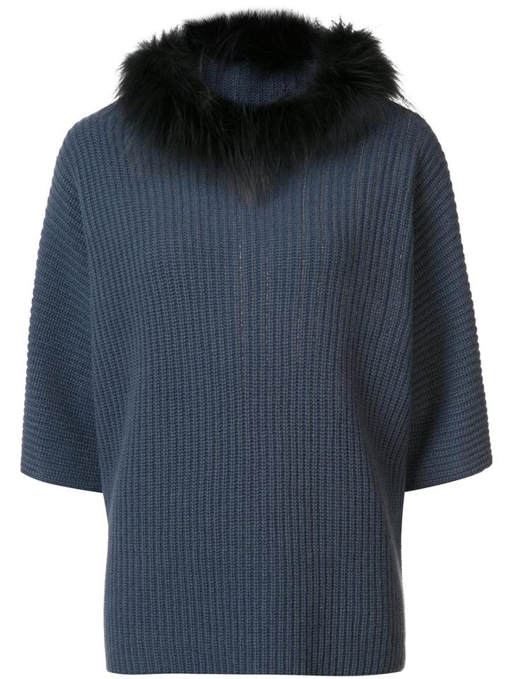 Fabiana Filippi Fox Fur Trim Jumper, Women's, Size: Large, Blue, Silk/fox Fur/cashmere/wool