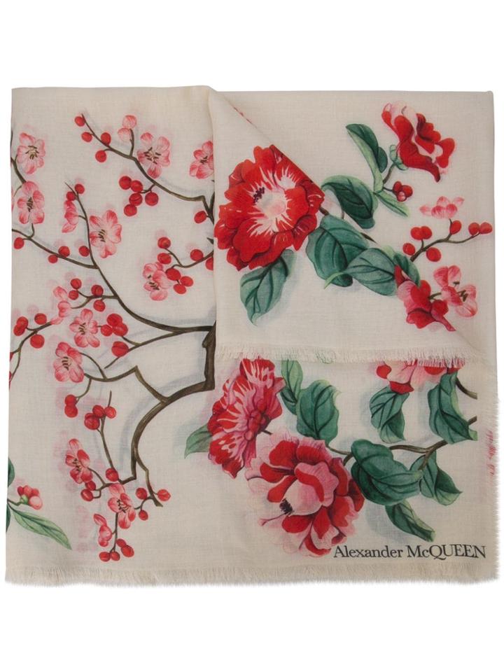 Alexander Mcqueen Japenese Floral Scene Scarf - White