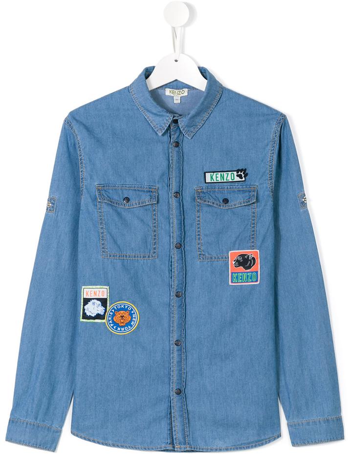 Kenzo Kids Logo Patch Denim Shirt, Boy's, Size: 16 Yrs, Blue