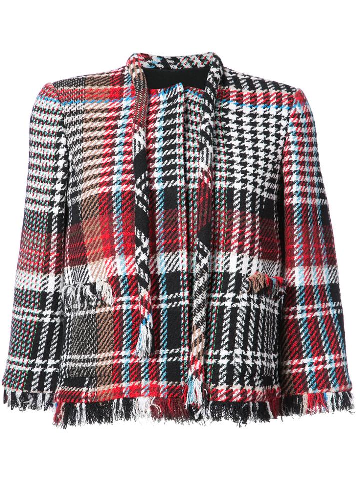 Oscar De La Renta Tweed Plaid Jacket With Frayed Edges - Black