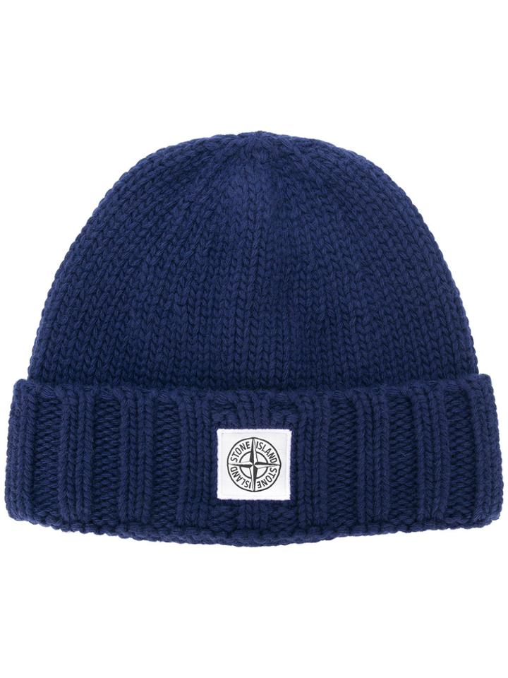 Stone Island Ribbed Knit Beanie - Blue