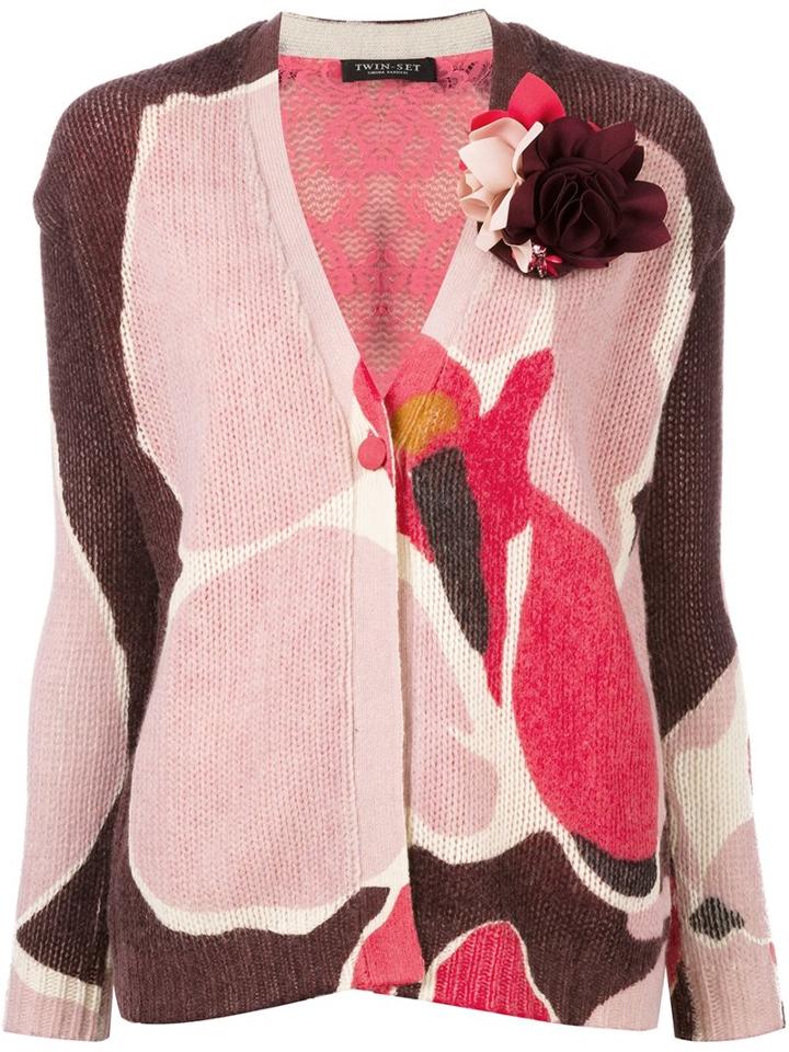 Twin-set Patterned Floral Embellished Cardigan, Women's, Size: Small, Pink/purple, Polyamide/virgin Wool/polyester