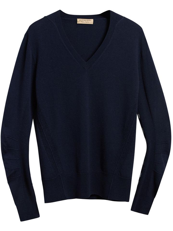 Burberry Check Detail V-neck Sweater - Blue