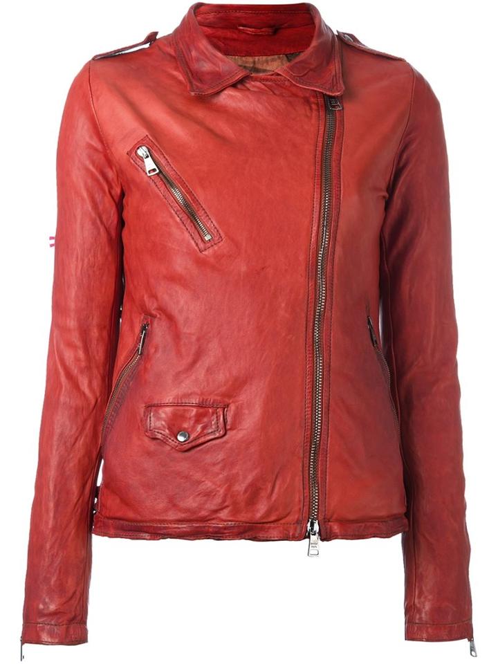 Giorgio Brato Distressed Effect Biker Jacket, Women's, Size: 42, Red, Leather/cotton/polyester