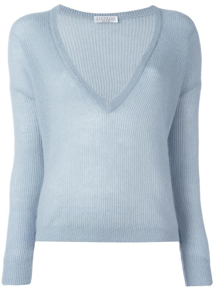 Brunello Cucinelli V-neck Jumper, Women's, Size: Medium, Blue, Polyamide/mohair/wool