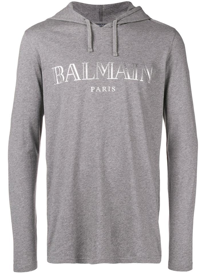 Balmain Logo Printed Hoodie - Grey
