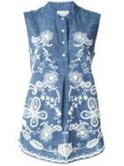 Sea Embroidered Denim Top, Women's, Size: 4, Blue, Cotton