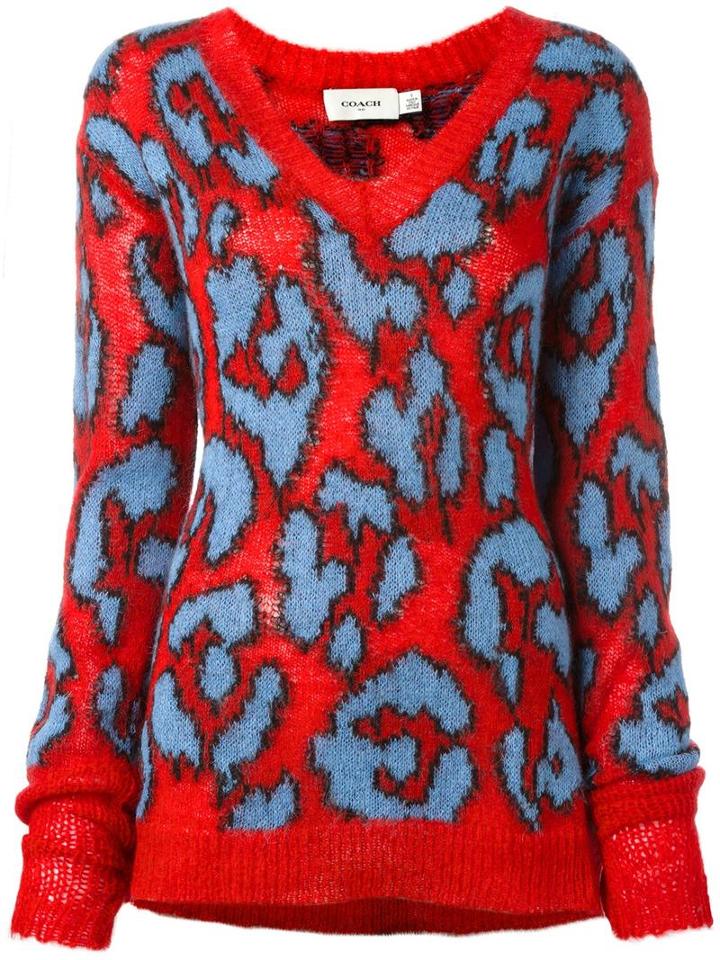 Coach Leopard Intarsia Jumper, Women's, Size: Xs, Red, Acrylic/polyamide/mohair