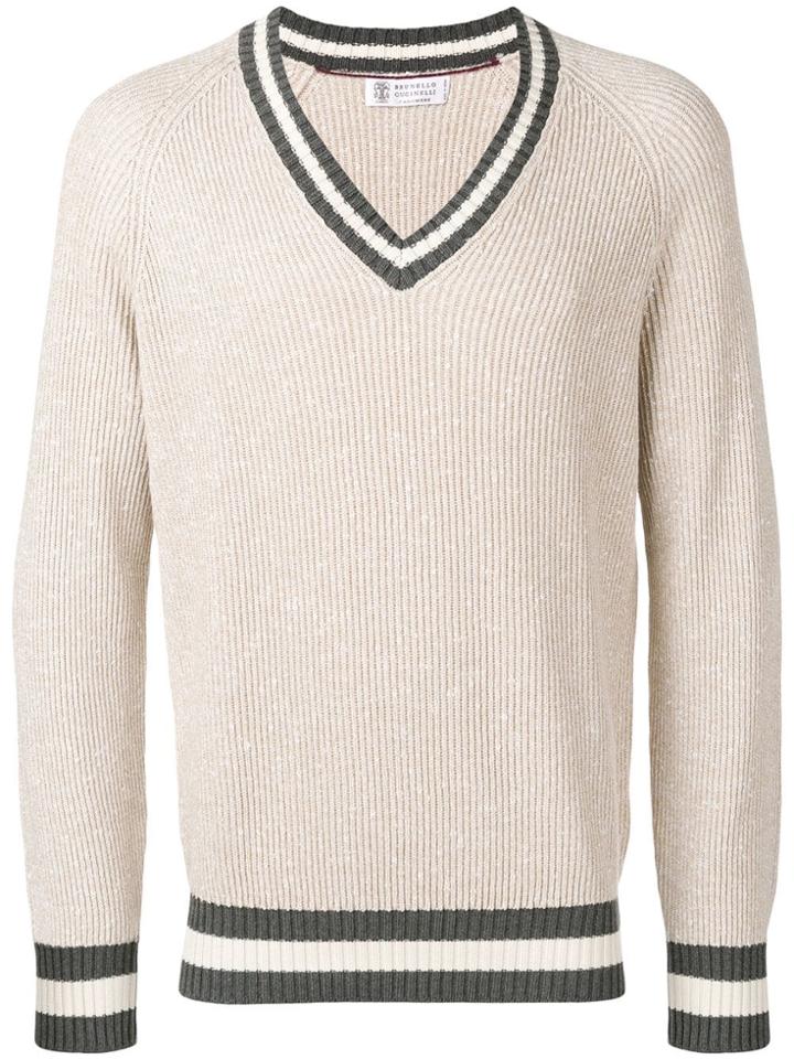 Brunello Cucinelli Contrast Trim Ribbed Jumper - Neutrals
