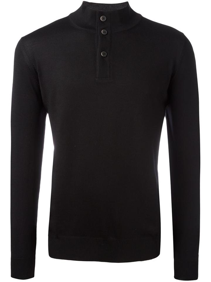 Fay Buttoned Neck Sweater, Men's, Size: 52, Black, Virgin Wool