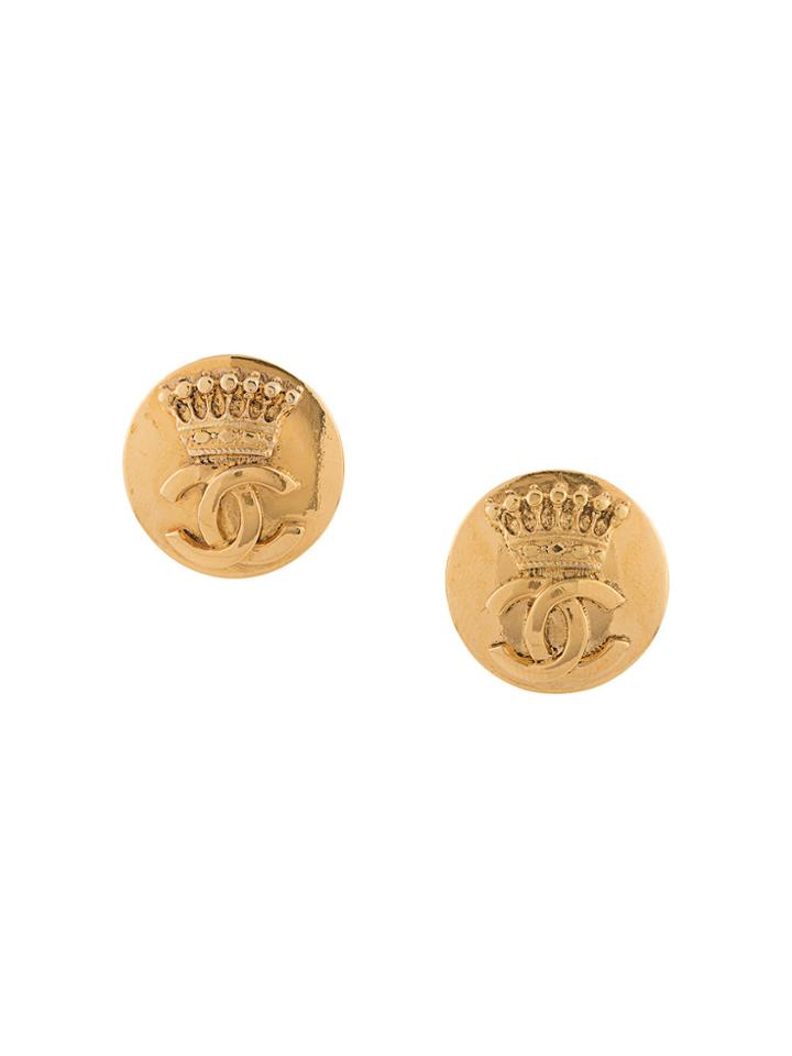 Chanel Vintage Crown Embossed Round Earrings - Metallic