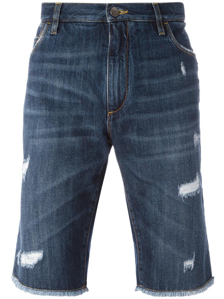 Dolce & Gabbana Distressed Denim Shorts, Men's, Size: 46, Blue, Cotton/zamak/calf Leather