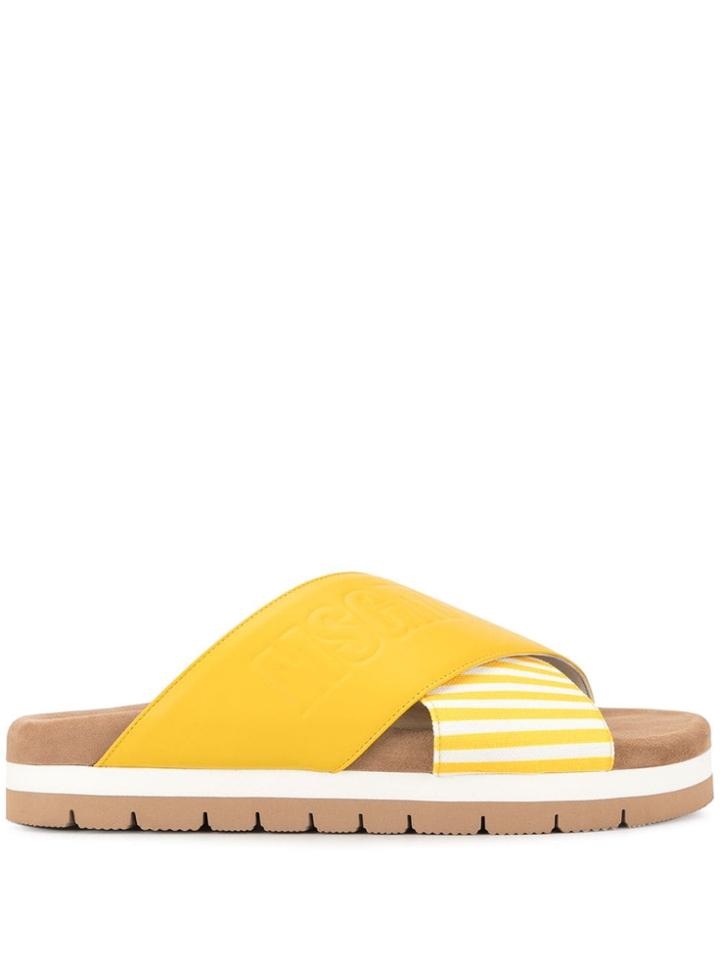 Msgm Striped Cross Strap Slippers - Yellow