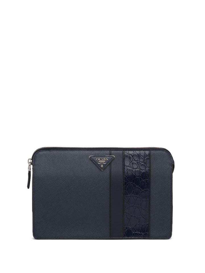 Prada Saffiano Leather Zipped Clutch - Blue