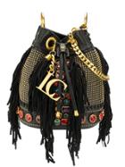 La Carrie Rhinestone-embellished Fringed Bucket Bag - Black