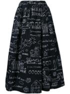 Muveil Illustration Print A-line Skirt, Women's, Size: 40, Black, Cotton