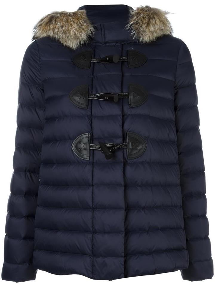 Red Valentino Hooded Puffer Jacket, Women's, Size: 42, Blue, Polyamide/leather/coyote Fur/polyamide