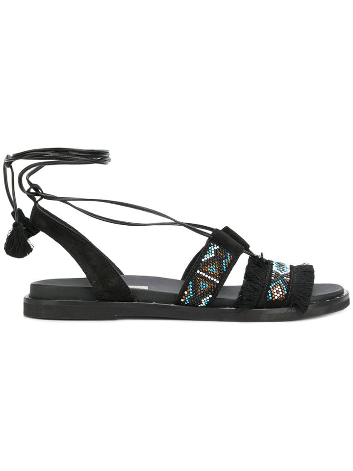 Tosca Blu Rhinestone Embellished Ankle Tie Sandals - Black