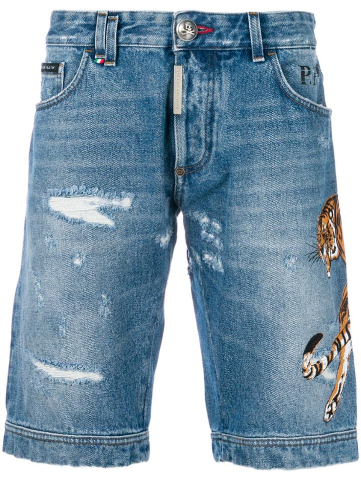 Philipp Plein Tiger Patch Denim Shorts - Blue