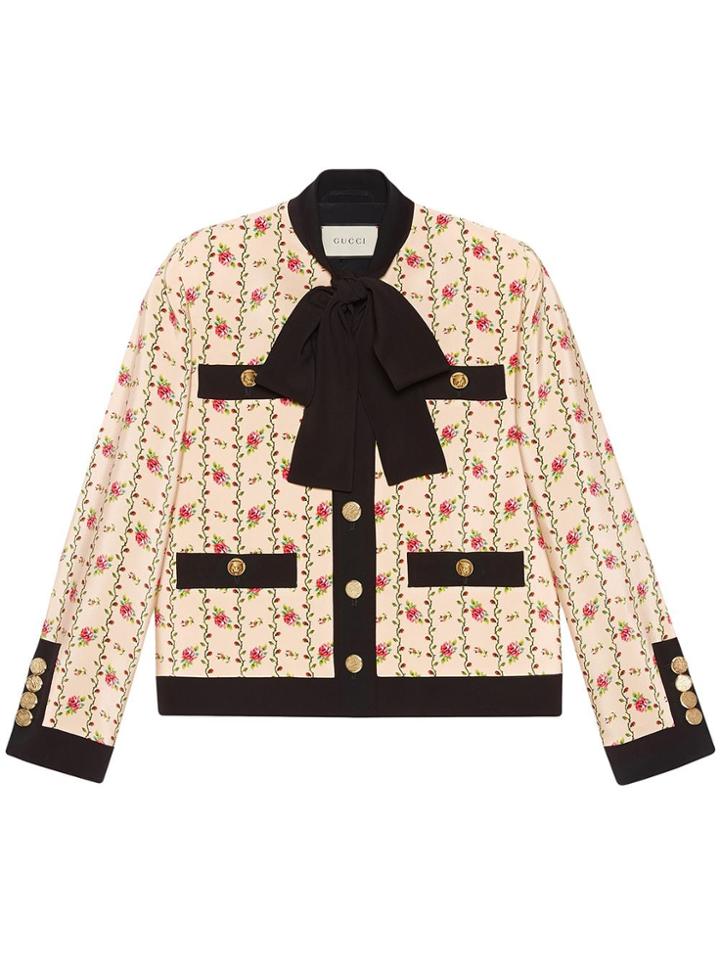 Gucci Rose Print Silk Marocain Jacket - Nude & Neutrals