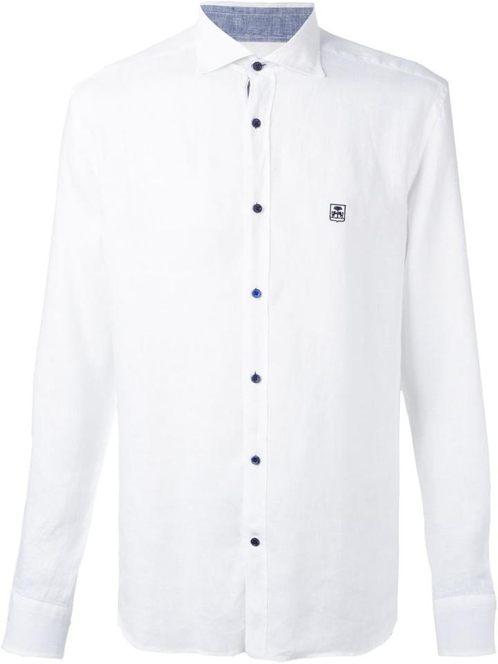 Corneliani Embroidered Logo Shirt, Men's, Size: 40, White, Linen/flax