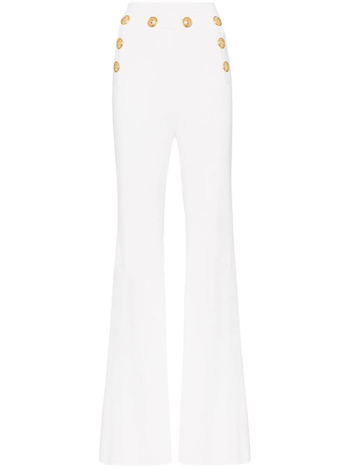 Balmain High Waist Button Detail Flared Trousers - White