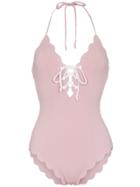 Marysia Broadway Lace Up Scallop Trim Swimsuit - Pink