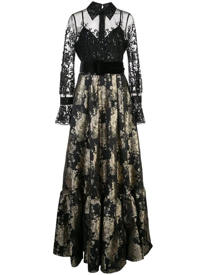 Badgley Mischka Longsleeved Contrasting Evening Dress - Black