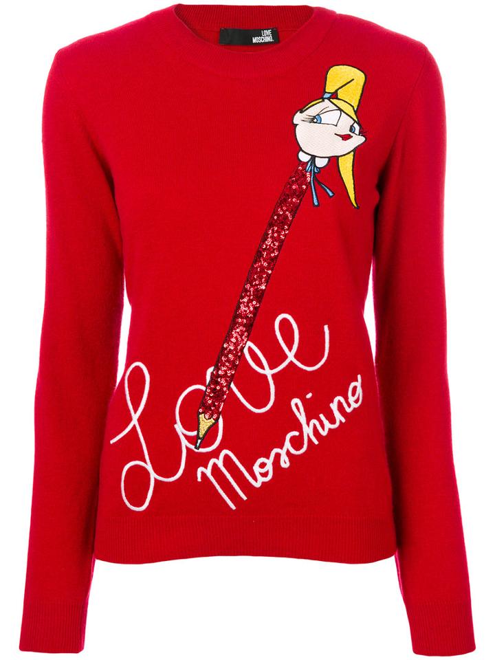 Love Moschino - Handwriting Print Sweater - Women - Polyamide/viscose/cashmere/virgin Wool - 44, Red, Polyamide/viscose/cashmere/virgin Wool