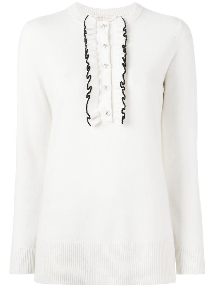 Tory Burch Ruffled Detail Jumper, Women's, Size: Xs, White, Cashmere