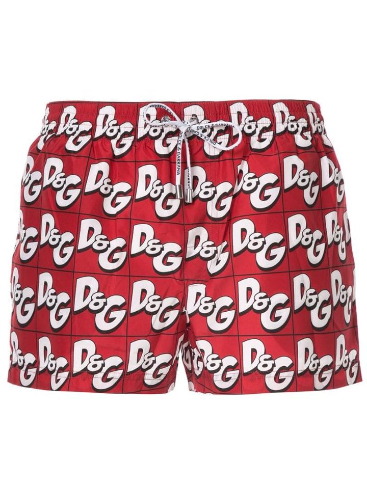 Dolce & Gabbana Monogram Print Swim Shorts - Red